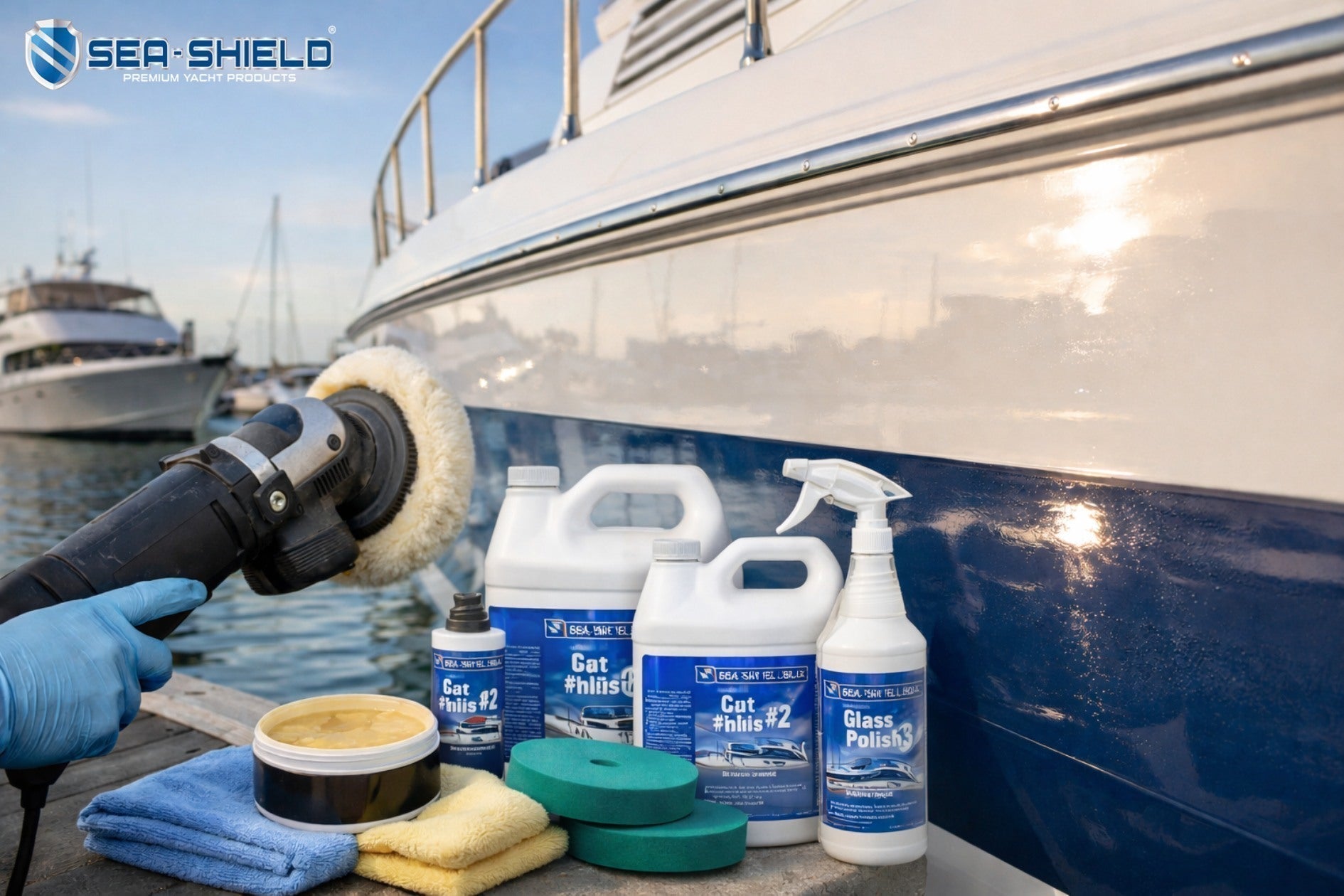 Sea-Shield boat polishing compounds restoring shine and removing oxidation on a fibreglass boat